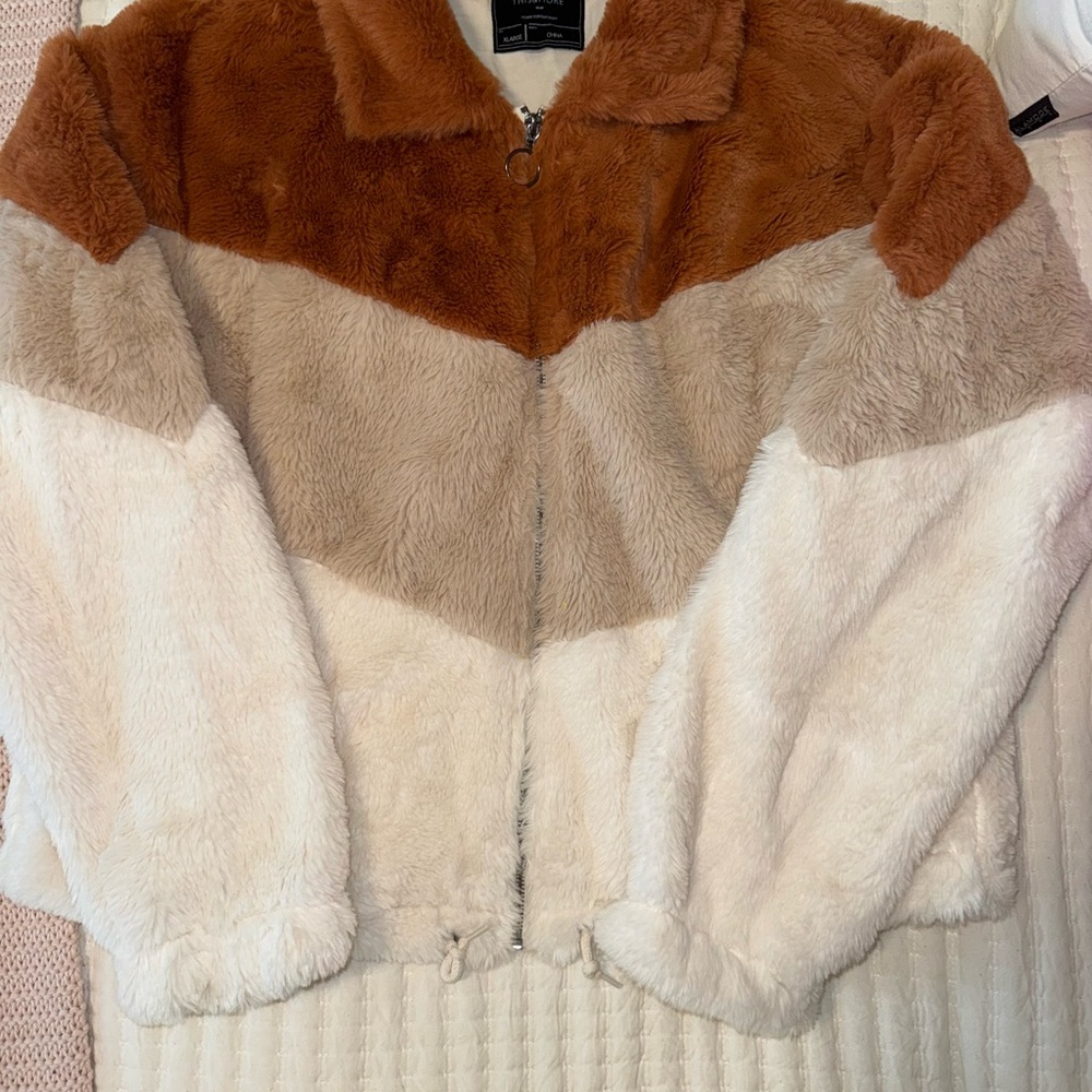 Brown and Tan Teddy Jacket with Plush Texture